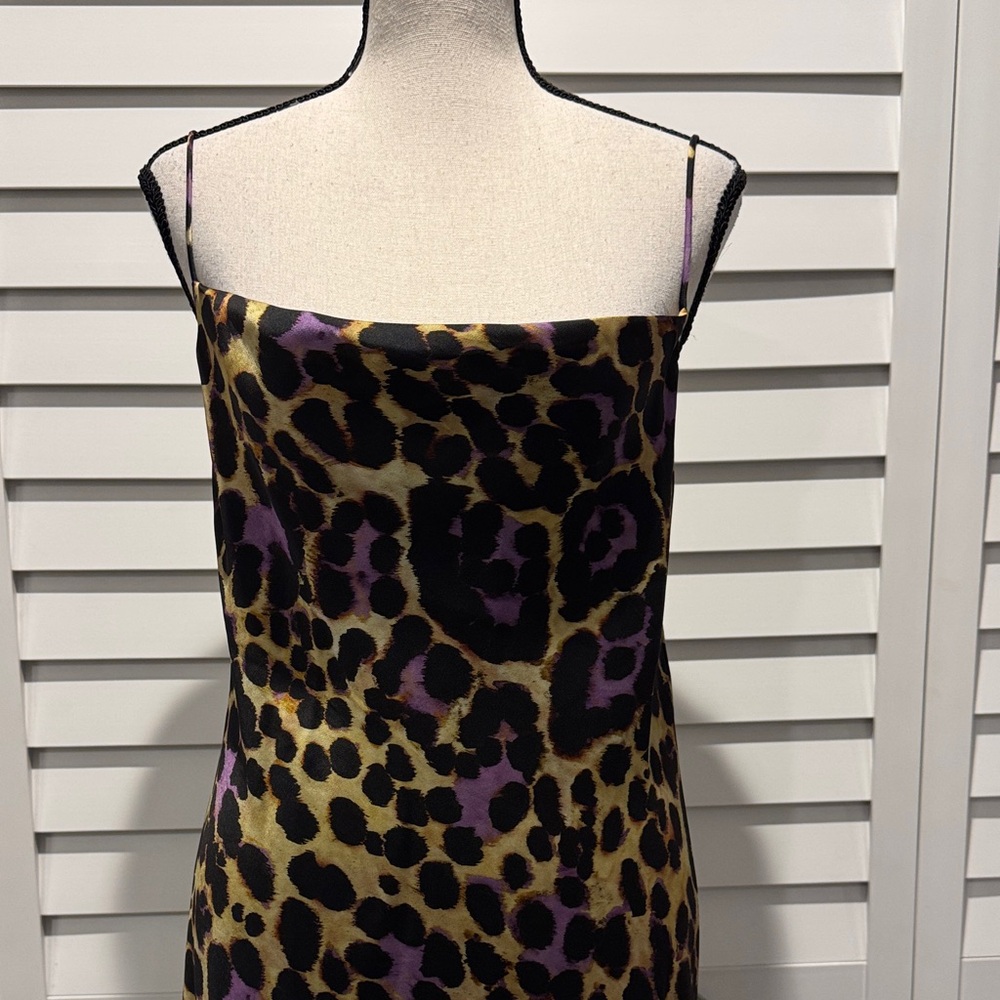 Zara Satin printed slip lined Dress with a Leopard Black, Purple, Brown print. - Picture 9 of 17